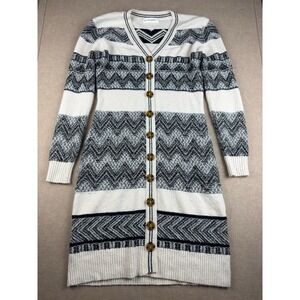 Lucky Brand Sweater Dress M Black White Chevron Knit Midi Long Button Cardigan